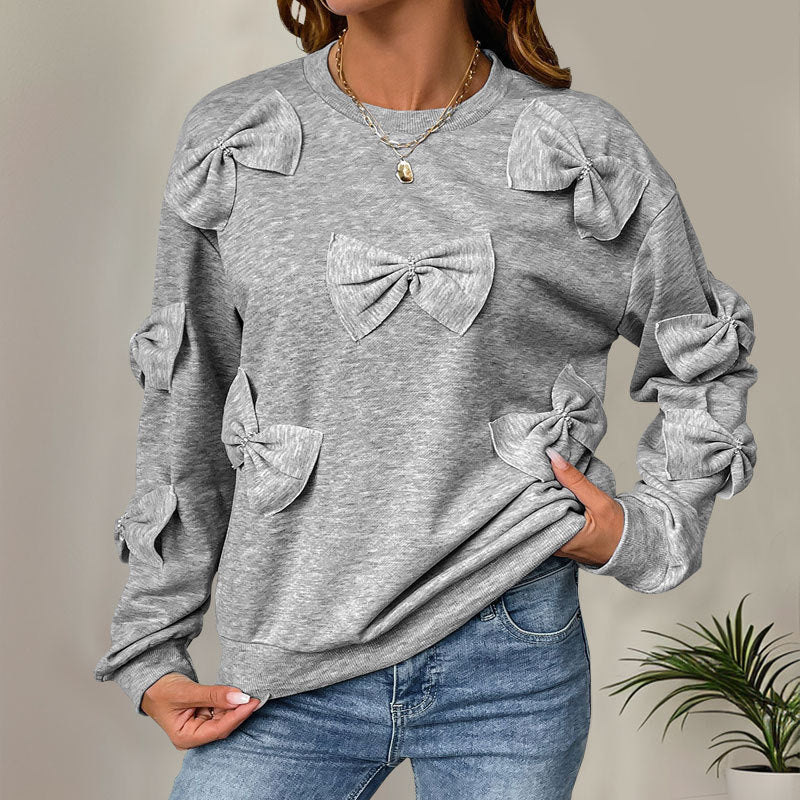 Casual Cool Bow Stitching Gray Women's Round-neck Sweater