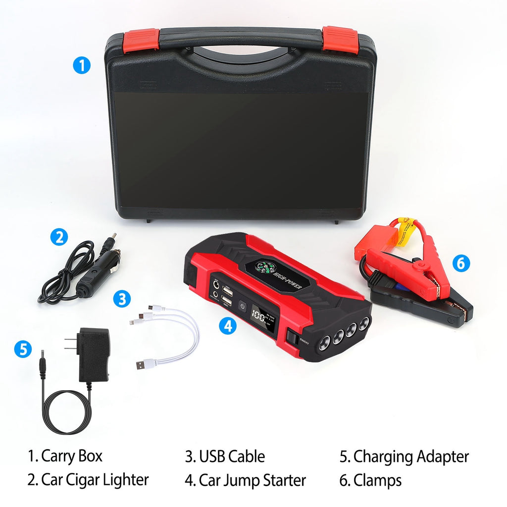 Car Jump Starter Booster 800A Peak 28000mAh 12V Battery Charger Up To 6.0L Gas Or 3.0L Diesel Engine With LCD Screen 4 Modes LED Flashlight