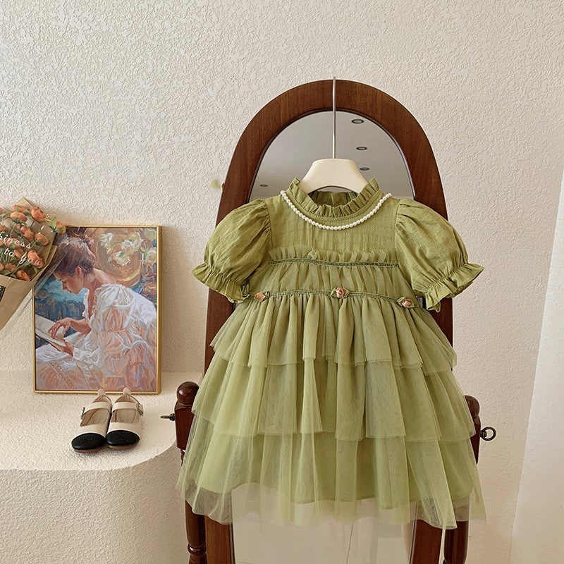 Children's Summer Puffy Gauze Patchwork Mesh Dress