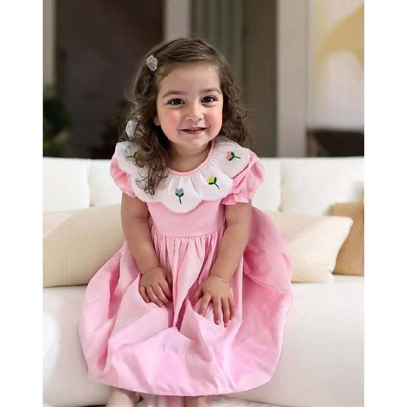 Toddler Baby Girl Spring Tulip Smocked Short Sleeve Dress With Lovely Tulip Embroidery Princess Dresses