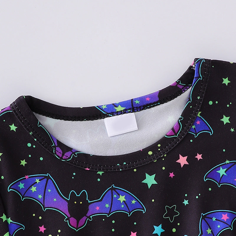 3pcs Toddler Girl's Halloween Dress Skull Ghost Bats Print Stretch Long Sleeve A-line Dresses