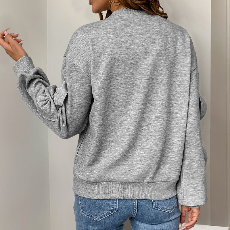 Casual Cool Bow Stitching Gray Women's Round-neck Sweater