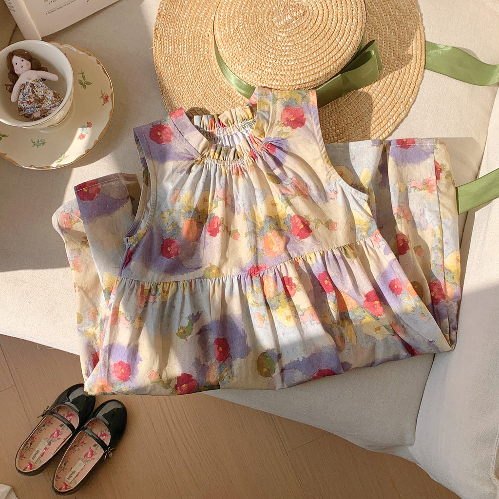 Oil Painting Style Retro Printing Girl Fashionable Dress Little Children's Clothing