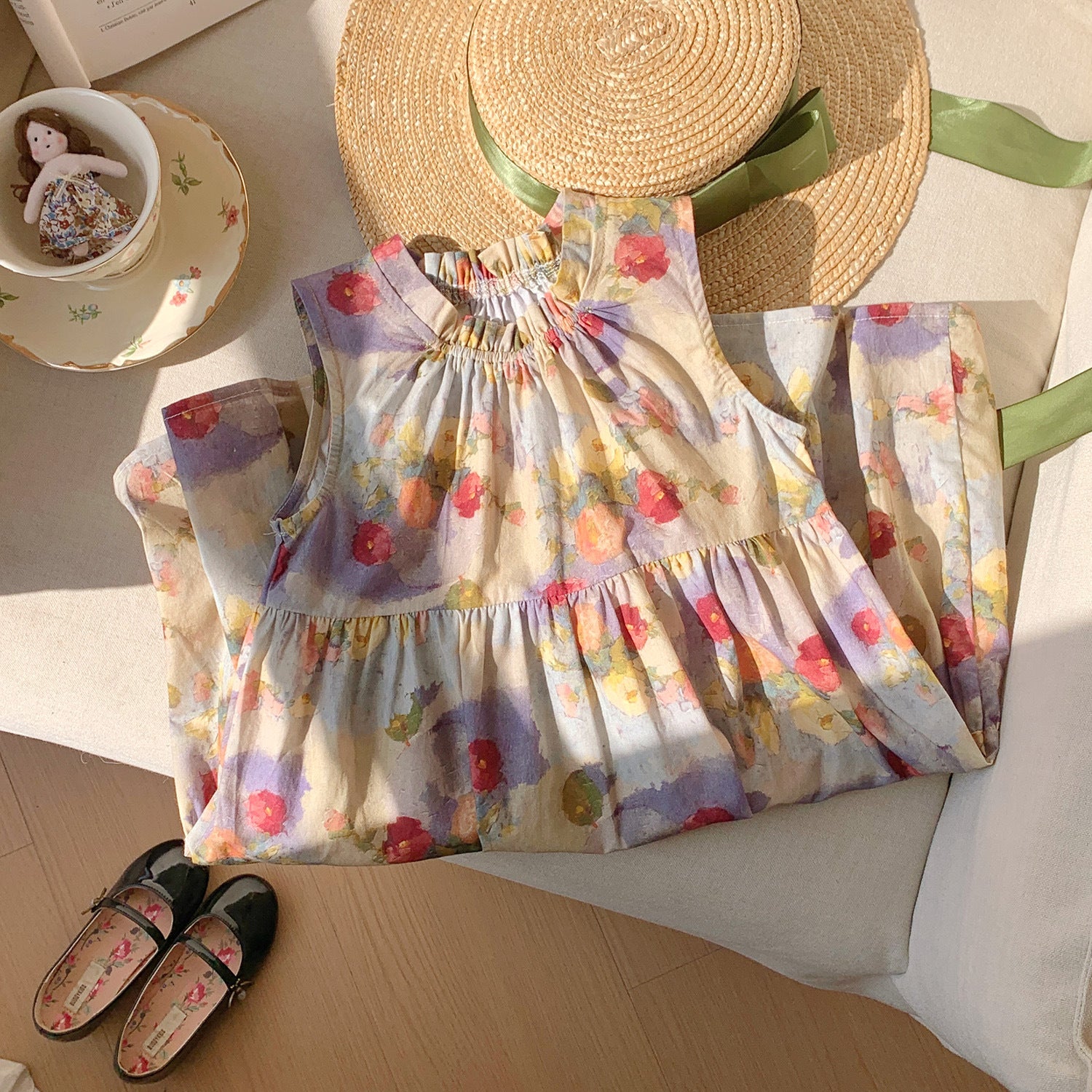 Oil Painting Style Retro Printing Girl Fashionable Dress Little Children's Clothing