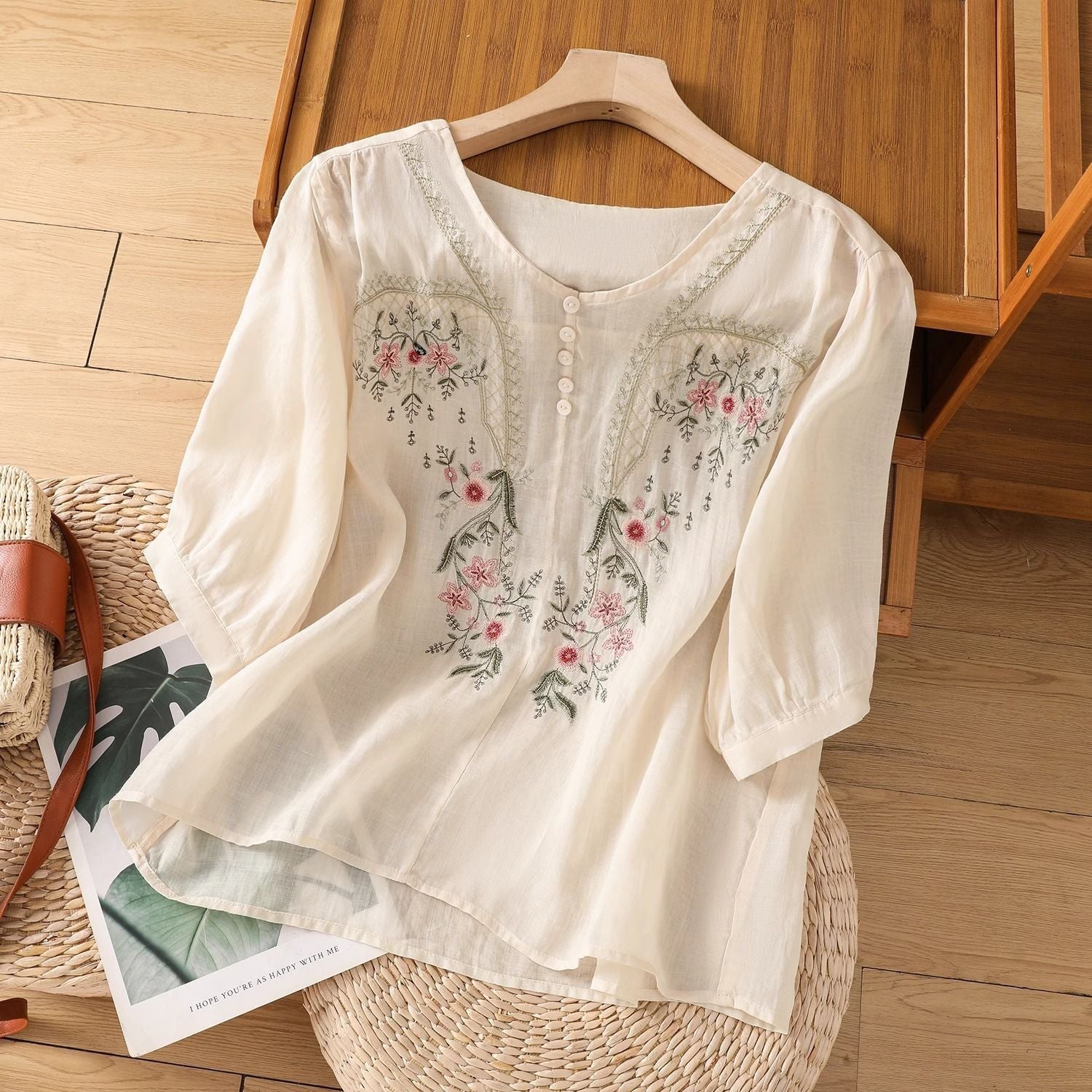 Short Sleeve Top Pullover Embroidered Chinese Women's Loose Slimming And All-matching