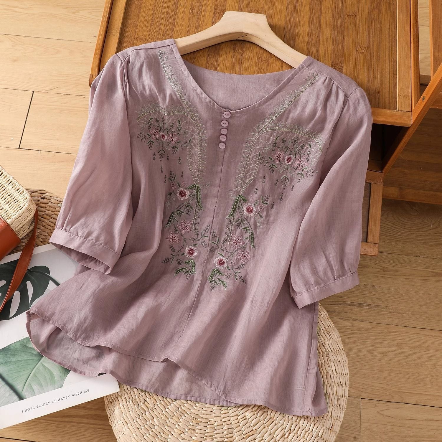 Short Sleeve Top Pullover Embroidered Chinese Women's Loose Slimming And All-matching
