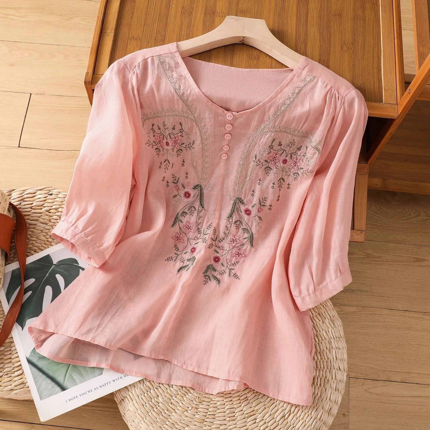 Short Sleeve Top Pullover Embroidered Chinese Women's Loose Slimming And All-matching
