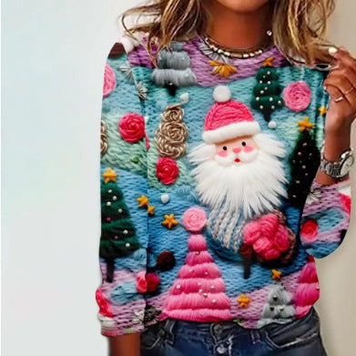 Autumn And Winter 3D Digital Printing Christmas Round Neck Top