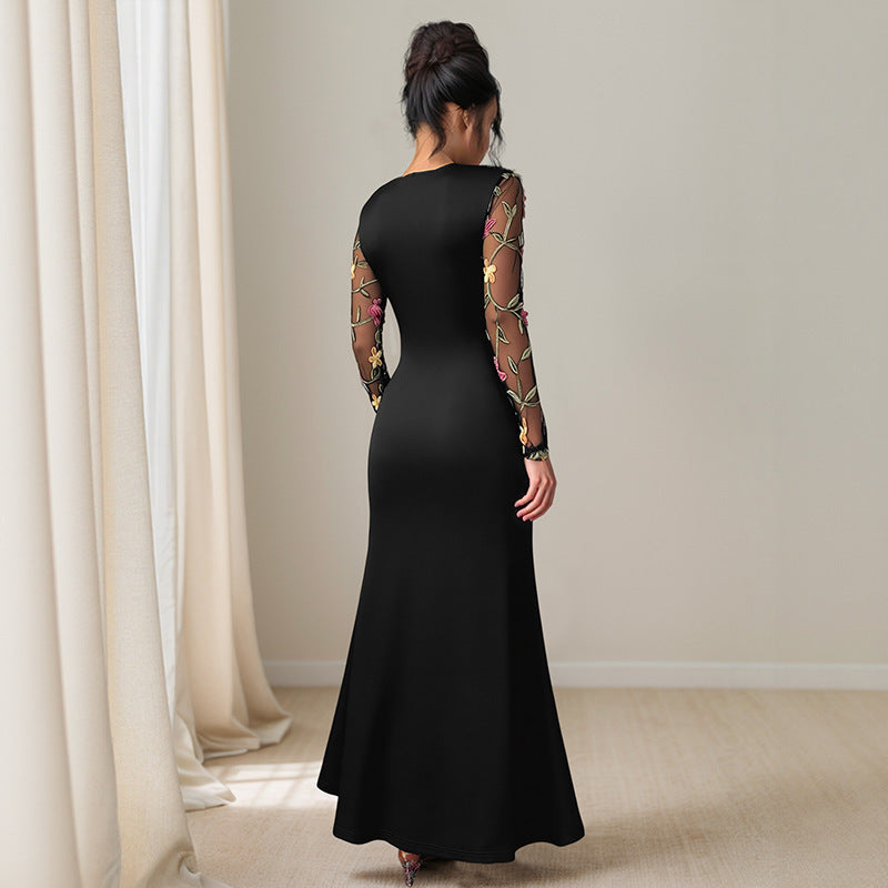 Retro Temperament Crew Neck Mesh Embroidery Stitching Long Sleeve Dress Women