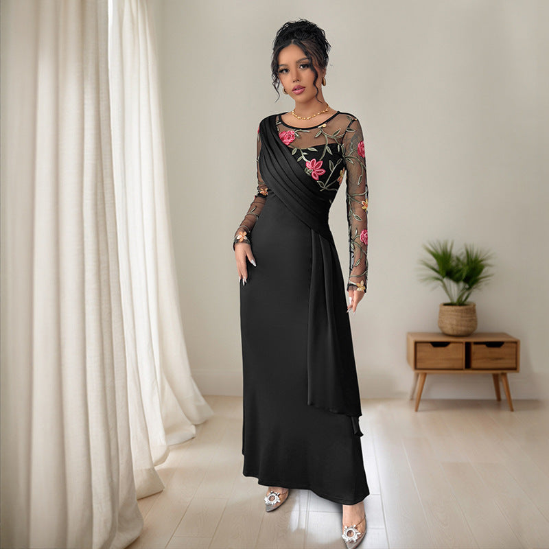 Retro Temperament Crew Neck Mesh Embroidery Stitching Long Sleeve Dress Women