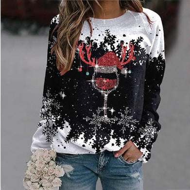 Autumn And Winter 3D Digital Printing Christmas Round Neck Top