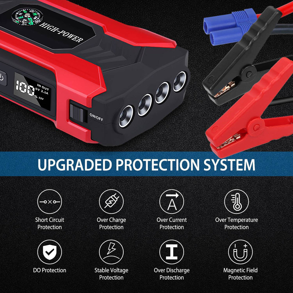 Car Jump Starter Booster 800A Peak 28000mAh 12V Battery Charger Up To 6.0L Gas Or 3.0L Diesel Engine With LCD Screen 4 Modes LED Flashlight