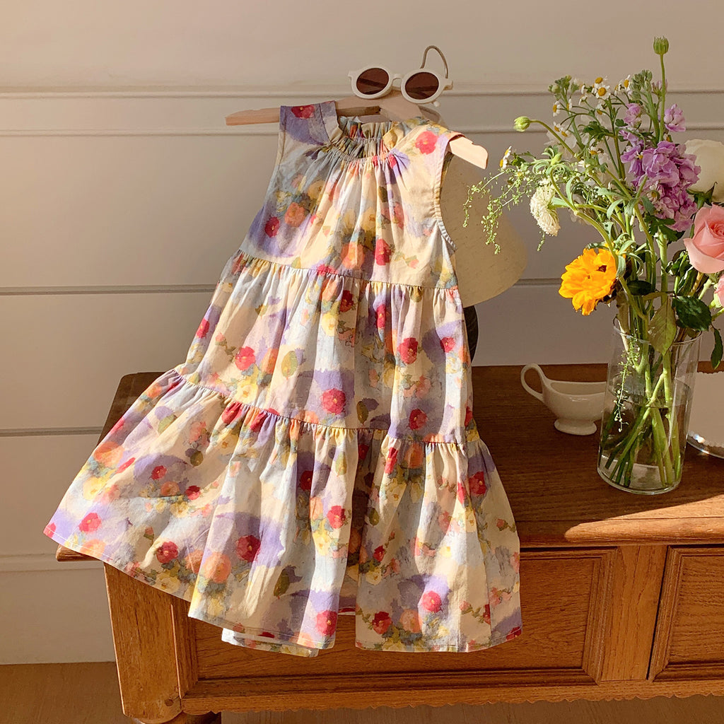 Oil Painting Style Retro Printing Girl Fashionable Dress Little Children's Clothing