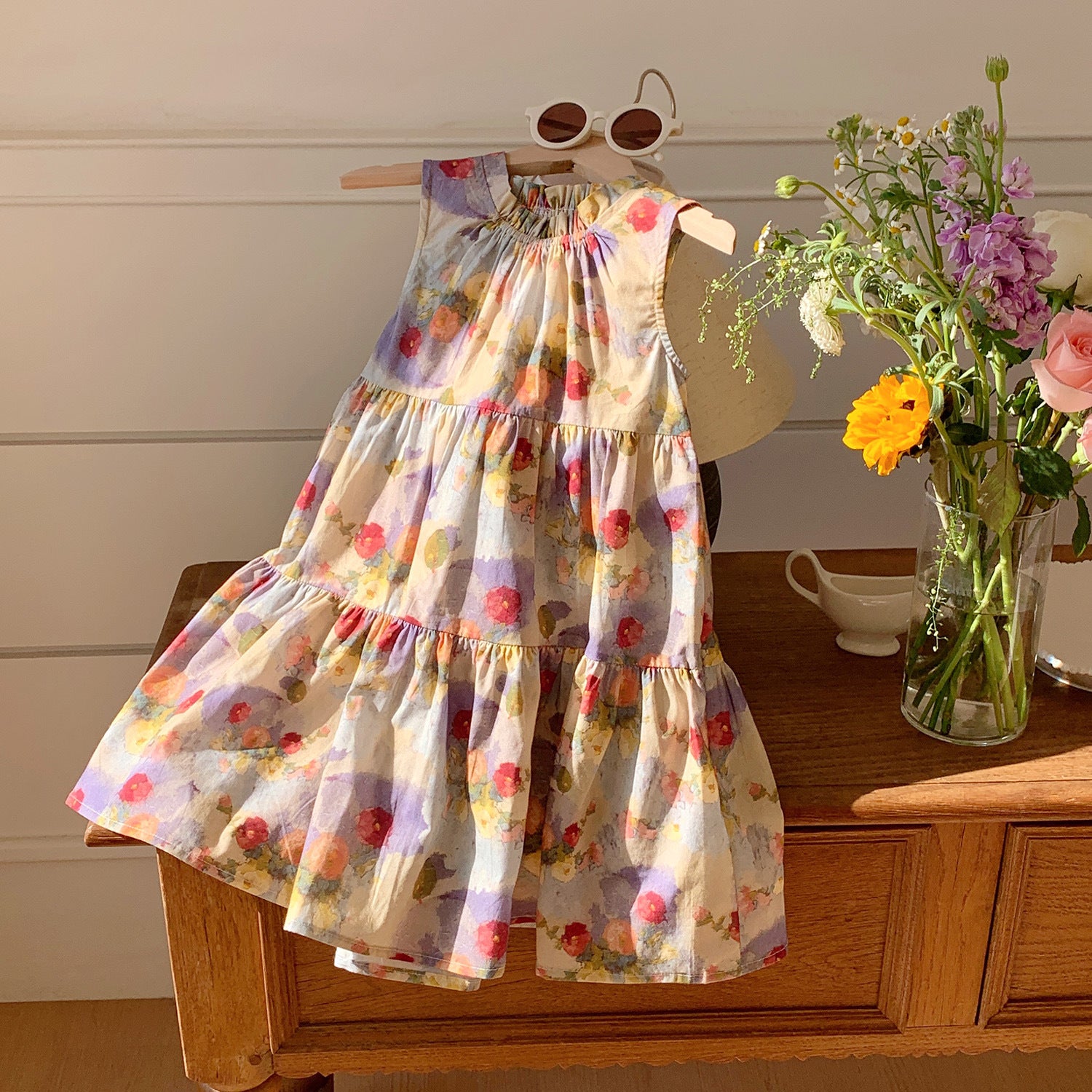 Oil Painting Style Retro Printing Girl Fashionable Dress Little Children's Clothing