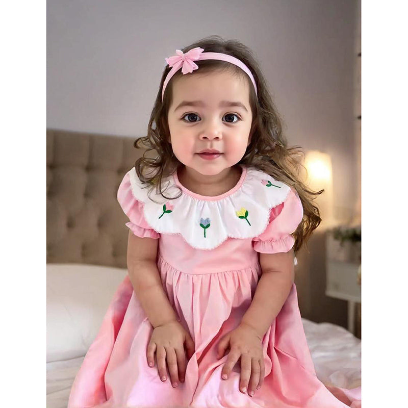 Toddler Baby Girl Spring Tulip Smocked Short Sleeve Dress With Lovely Tulip Embroidery Princess Dresses