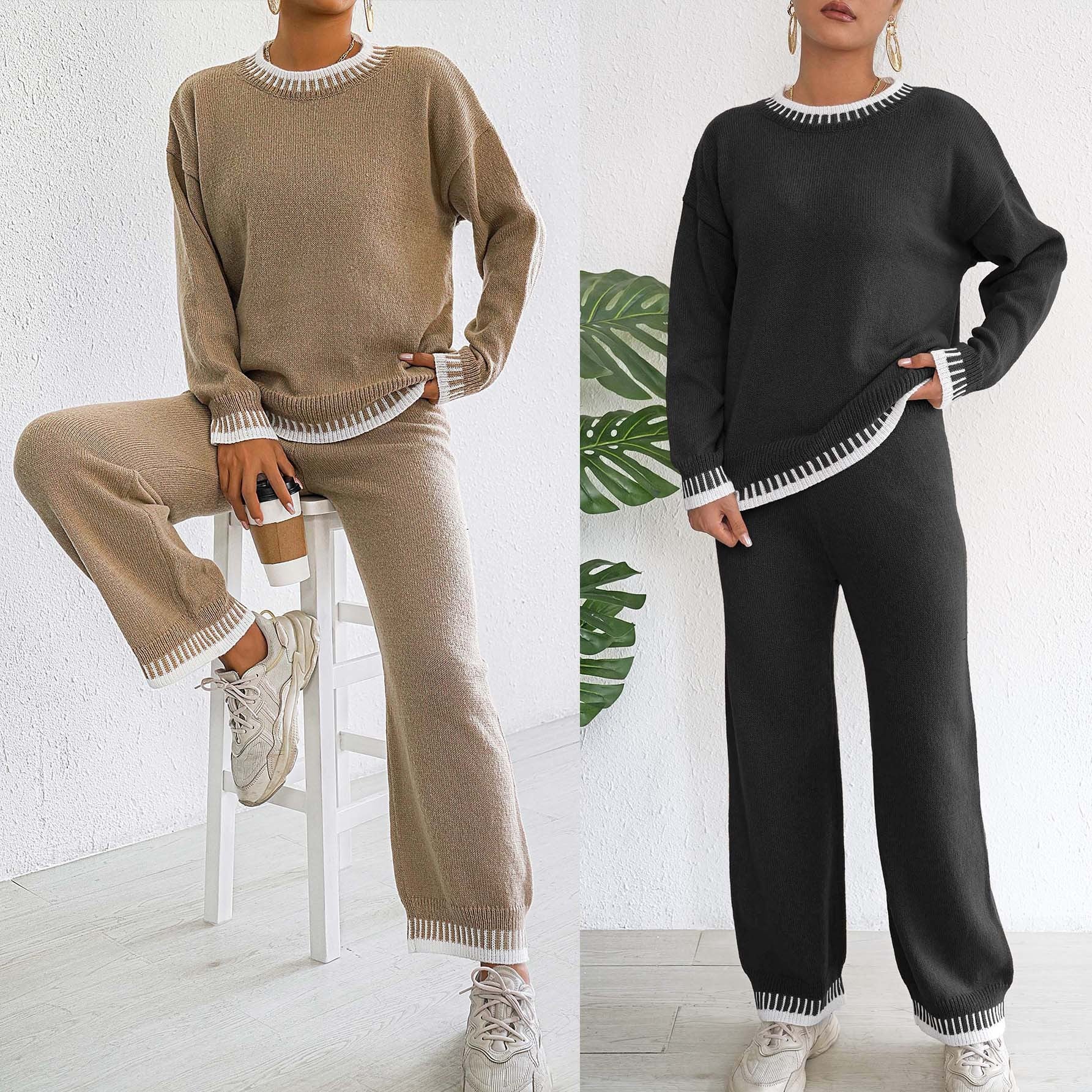 Women's Woven Suit Casual Pullover Straight Wide-leg Pants