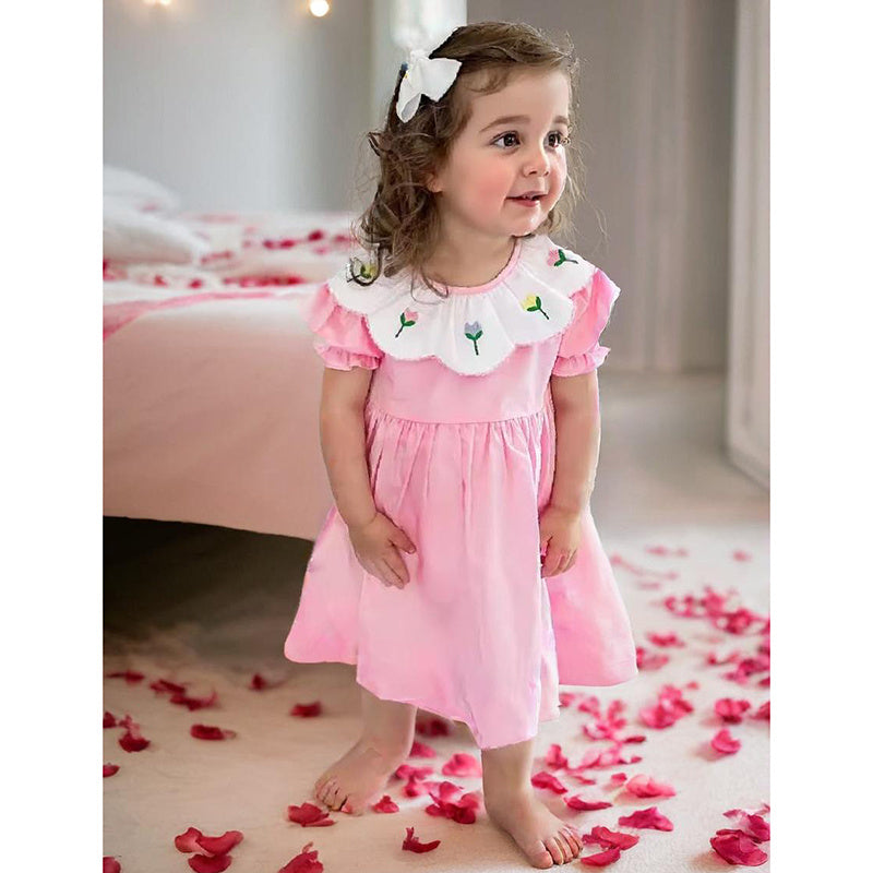 Toddler Baby Girl Spring Tulip Smocked Short Sleeve Dress With Lovely Tulip Embroidery Princess Dresses